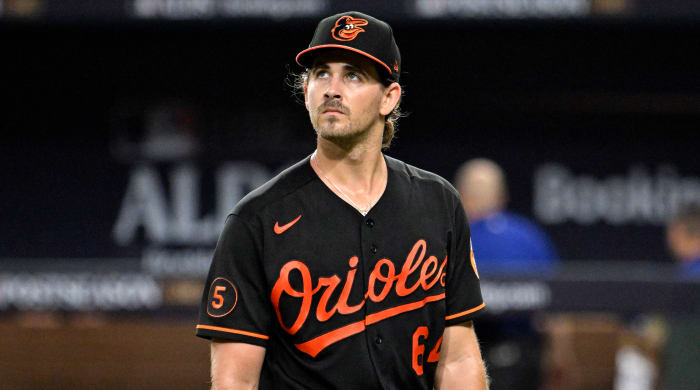 Baltimore Orioles pitcher Dean Kremer is relieved in the second inning of Game 3 of the 2023 ALDS.